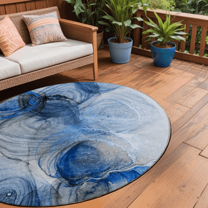 8' Round Ivory Blue and Gray Round Abstract Washable Non Skid Indoor Outdoor Area Rug N270-560006