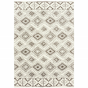 10' X 13' Ivory And Brown Geometric Shag Power Loom Stain Resistant Area Rug N270-509911
