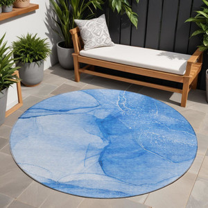 8' Round Blue Round Abstract Washable Non Skid Indoor Outdoor Area Rug N270-559735