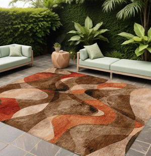 9' X 12' Chocolate Abstract Washable Non Skid Indoor Outdoor Area Rug N270-561577