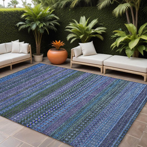 8' X 10' Blue and Green Striped Washable Non Skid Indoor Outdoor Area Rug N270-560696