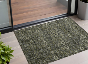3' X 5' Moss Green and Gray Floral Washable Non Skid Indoor Outdoor Area Rug N270-564377