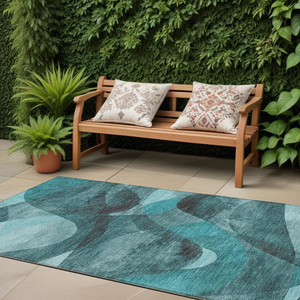 8' Runner Teal Abstract Washable Non Skid Indoor Outdoor Runner Rug N270-561625