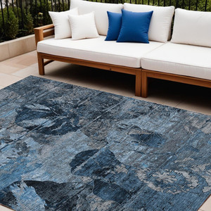 9' X 12' Blue and Dark Blue Floral Washable Non Skid Indoor Outdoor Area Rug N270-562747