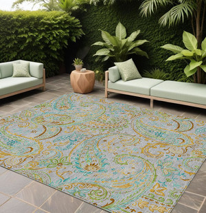 9' X 12' Gray and Gold Paisley Washable Non Skid Indoor Outdoor Area Rug N270-561408