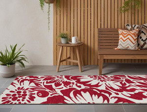 8' Runner Burgundy and White Floral Washable Non Skid Indoor Outdoor Runner Rug N270-562426