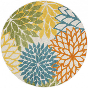 5' X 5' Turquoise Round Floral Non Skid Indoor Outdoor Area Rug N270-479776