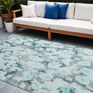 8' X 10' Teal Floral Washable Non Skid Indoor Outdoor Area Rug N270-561738