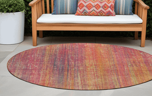 8' Round Red and Orange Round Striped Washable Non Skid Indoor Outdoor Area Rug N270-562628