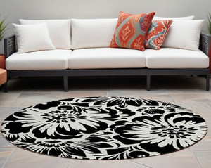 8' Round Black and Ivory Round Floral Washable Non Skid Indoor Outdoor Area Rug N270-562412