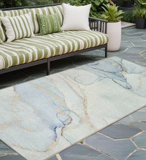 8' Runner Beige and Blue Abstract Washable Non Skid Indoor Outdoor Runner Rug N270-560556