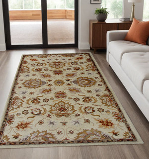 5' X 8' Cream Oriental Hand Tufted Non Skid Area Rug N270-558182