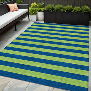 5' X 8' Navy Blue Striped Washable Non Skid Indoor Outdoor Area Rug N270-561090