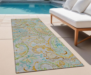 2' X 8' Gray and Gold Paisley Washable Non Skid Indoor Outdoor Runner Rug N270-561402