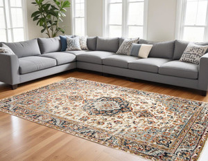 8' X 10' Ivory Navy and Orange Medallion Power Loom Area Rug N270-531780