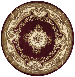 7' Red and Ivory Floral Border Round Rug N270-352949