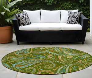 8' Round Green Round Paisley Washable Non Skid Indoor Outdoor Area Rug N270-561415