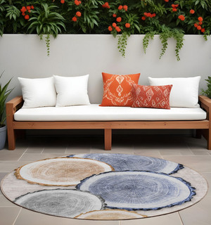 8' Round Beige Blue and Gold Round Faux Bois Washable Non Skid Indoor Outdoor Area Rug N270-564397