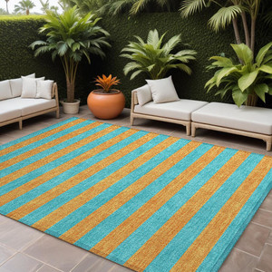 9' X 12' Aqua Striped Washable Non Skid Indoor Outdoor Area Rug N270-561030