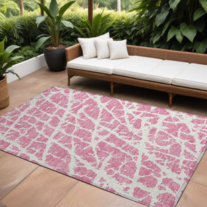 9' X 12' Pink and Ivory Abstract Washable Non Skid Indoor Outdoor Area Rug N270-559305