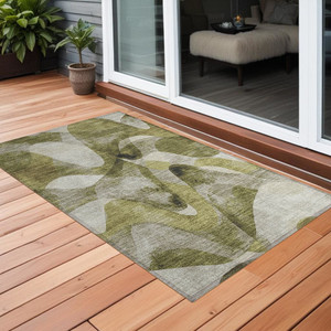 2' X 3' Olive Green Abstract Washable Non Skid Indoor Outdoor Area Rug N270-561606