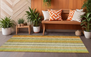 8' Runner Tan Orange and Green Striped Washable Non Skid Indoor Outdoor Runner Rug N270-562057