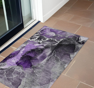 3' X 5' Gray and Purple Abstract Washable Non Skid Indoor Outdoor Area Rug N270-559472