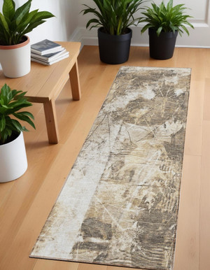 8' Runner Taupe and Ivory Floral Washable Non Skid Indoor Outdoor Runner Rug N270-563161