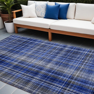 8' X 10' Navy Blue Plaid Washable Non Skid Indoor Outdoor Area Rug N270-561891