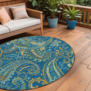 8' Round Navy Blue Round Paisley Washable Non Skid Indoor Outdoor Area Rug N270-561433