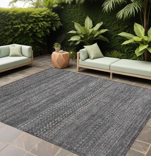 9' X 12' Gray Striped Washable Non Skid Indoor Outdoor Area Rug N270-560724