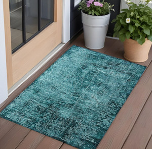 3' X 5' Teal Abstract Washable Non Skid Indoor Outdoor Area Rug N270-563154