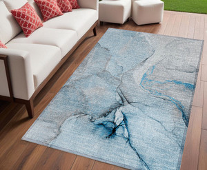 5' X 8' Blue and Ivory Abstract Washable Non Skid Indoor Outdoor Area Rug N270-559680