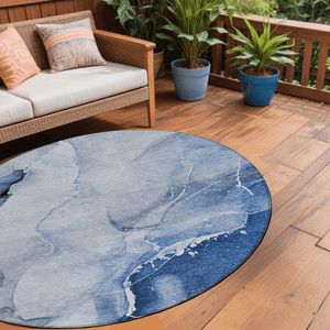 8' Round Blue and Gray Round Abstract Washable Non Skid Indoor Outdoor Area Rug N270-560452