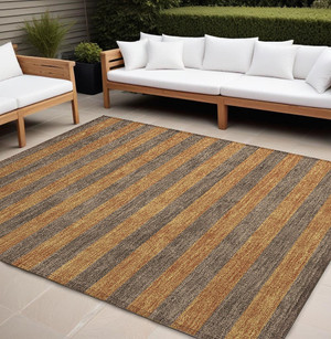9' X 12' Brown and Tan Striped Washable Non Skid Indoor Outdoor Area Rug N270-561075