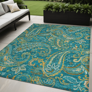 5' X 8' Teal Paisley Washable Non Skid Indoor Outdoor Area Rug N270-561468