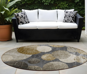8' X 8' Brown Beige and Ivory Round Abstract Washable Non Skid Indoor Outdoor Area Rug N270-562913