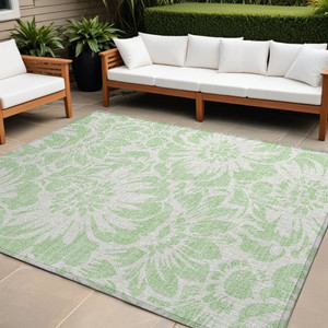 9' X 12' Mint Green and Ivory Floral Washable Non Skid Indoor Outdoor Area Rug N270-562477