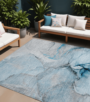 9' X 12' Blue and Ivory Abstract Washable Non Skid Indoor Outdoor Area Rug N270-559683