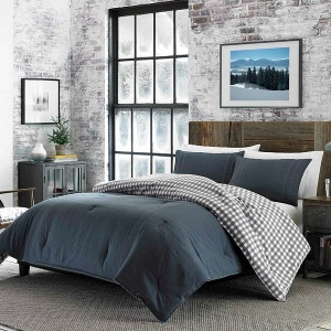 King size 100% Cotton Reverse Plaid Gray/White Comforter Set Q280-EDBAWA8828