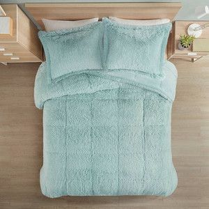 King/CAL King Soft Sherpa Faux Fur 3-Piece Comforter Set in Light Teal Blue Q280-KGAQBCS891364572