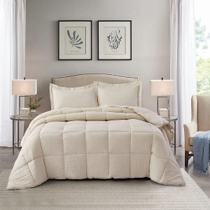 Queen Size Beige 3 Piece Microfiber Reversible Comforter Set Q280-BEQU1466