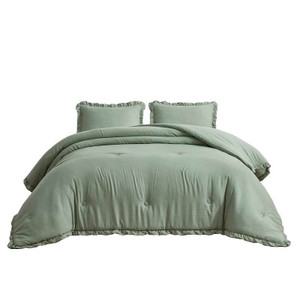 Oversized Queen Sage Microfiber 3-Piece Comforter Set with Ruffled Edge Trim Q280-QUPX6399