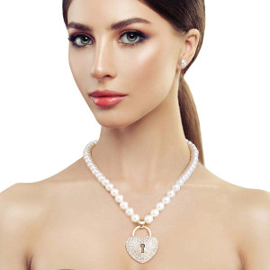 Cream Pearl Heart Lock Pendant Necklace T226-9485752238399