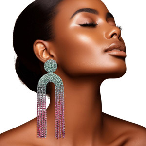 AKA Fringe Pink Green Long Arched Earrings T226-9485382549823