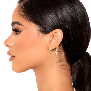CZ Pave Huggie Hoop Cross Ear Cuff Set T226-9485647118655