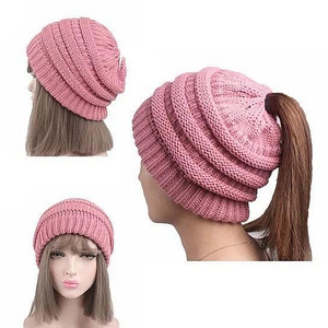 Color: A-BEIGE - Pony Beanie Super Cute Cable Knit Hat K290-6061327745059