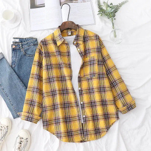 Color: Yellow, Size: L - Fresh Flannel Plaid Shirt Women 2025 New Female Blouses and Tops Cotton Lo F640-12000043090882750