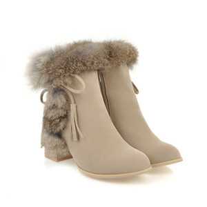 Color: Beige, Size: 39 - Faux rabbit fur lace-up chunky heel boots Q119-CJBHNSNS23716-Beige-39