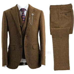 Color: Champagne, Size: XXXL - 3 Piece Men Suit Tweed Herringbone Double-Breasted Wedding Tuxedos S F640-12000040885311305